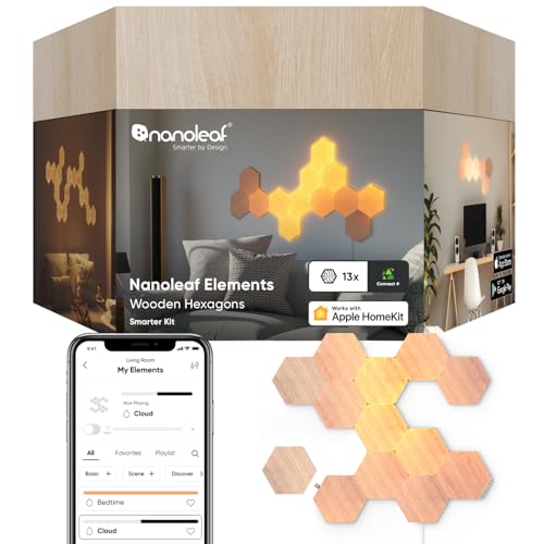 Nanoleaf Elements Hexagon Starter Kit, 13 Smarten Holzoptik LED Panels - Modulare Dimmbare WLAN Wandleuchte Innen, Musik Sync, Funktioniert mit Alexa Google Apple, Deko Wohnzimmer Schlafzimmer Büro von Nanoleaf