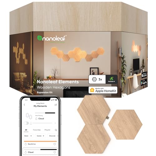 Nanoleaf Elements Hexagon Erweiterungspack, 3 zusätzliche LED Panels - Smarte Modulare & Dimmbare Holzoptik WLAN Wandleuchte Innen, Musik Sync, Funktioniert mit Alexa Google Apple, für Deko von Nanoleaf