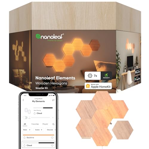 Nanoleaf Elements Hexagon Starter Kit, 7 Smarten Holzoptik LED Panels - Modulare Dimmbare WLAN Wandleuchte Innen, Musik Sync, Funktioniert mit Alexa Google Apple, Deko Wohnzimmer Schlafzimmer Büro von Nanoleaf