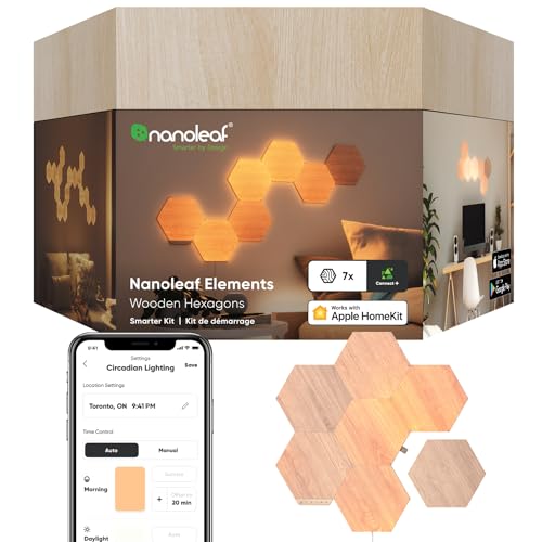 Nanoleaf Elements Hexagon Starter Kit, 7 Smarten Holzoptik LED Panels - Modulare Dimmbare WLAN Wandleuchte Innen, Musik Sync, Funktioniert mit Alexa Google Apple, Deko Wohnzimmer Schlafzimmer Büro von Nanoleaf