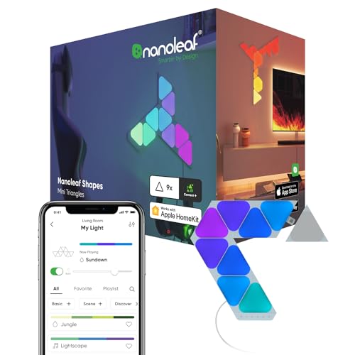 Nanoleaf Shapes Mini Triangle Starter Kit, 9 Smarten Dreieckigen Mini LED Panels RGBW - Modulare WLAN 16 Mio. Farben Wandleuchte Innen, Musik & Bildschirm Sync, Funktioniert mit Alexa, Deko & Gaming von Nanoleaf