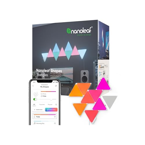 Nanoleaf Shapes Triangle Starter Kit, 9 Smarten Dreieckigen LED Panels RGBW - Modulare WLAN 16 Mio Farben Wandleuchte Innen, Musik & Bildschirm Sync, Funktioniert mit Alexa Google Apple, Deko & Gaming von Nanoleaf