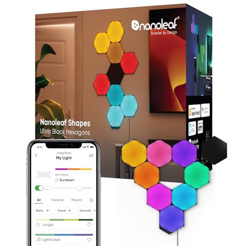 Nanoleaf Shapes Ultra Black Hexagon Starter Kit, 9 Smarten LED Panels RGBW - Modulare WLAN 16 Mio. Farben Wandleuchte Innen, Musik & Bildschirm Sync, Funktioniert mit Alexa Google Apple von Nanoleaf