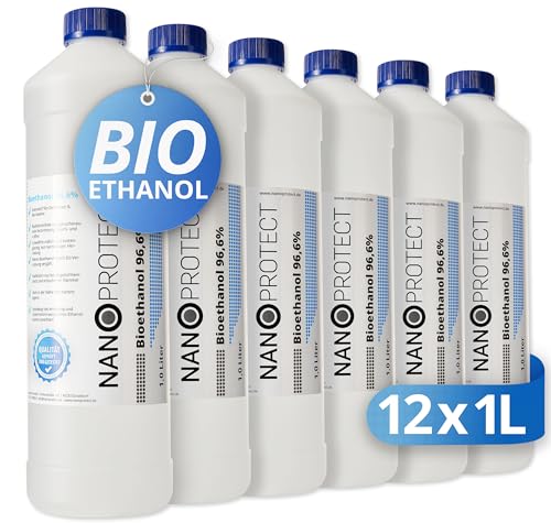 Nanoprotect Bioethanol 96,6% | 12x1 Liter | Flüssiger Ethanol Brennstoff für Indoor Kamin und Tischfeuer | Reiner Ethylalkohol als Lösemittel | Geprüfte Premium Qualität von Nanoprotect