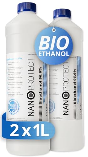 Nanoprotect Bioethanol 96,6% | 2 x 1 Liter | Flüssiger Ethanol Brennstoff für Indoor Kamin und Tischfeuer | Reiner Ethylalkohol als Lösemittel | Geprüfte Premium Qualität von Nanoprotect