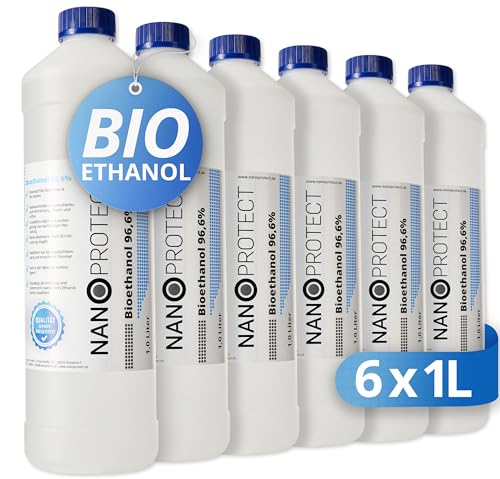 Nanoprotect Bioethanol 96,6% | 6 x 1 Liter | Flüssiger Ethanol Brennstoff für Indoor Kamin und Tischfeuer | Reiner Ethylalkohol als Lösemittel | Geprüfte Premium Qualität von Nanoprotect