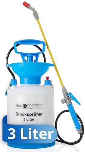 Nanoprotect Drucksprüher 3 L | Universelle Sprühflasche für Essigsäure, Wasser, Dünger und mehr | Mit Schlauch, Tragegurt und Verstellbarer Düse, Weiß, Gelb, Blau von Nanoprotect