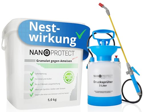 Nanoprotect Köder-Granulat gegen Ameisen | 5 kg + Drucksprüher | Streu- und Gießmittel | Schnell- und Langzeiteffekt | Ameisenabwehr Innen und Außen | Geruchsneutrales Ameisengift von Nanoprotect