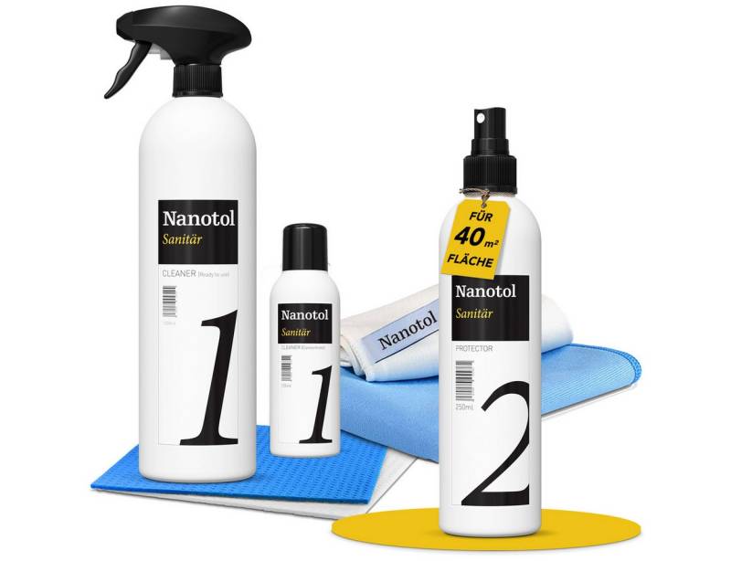 Nanotol Profi Badreiniger-Versiegelung-Set mit Lotuseffekt Badreiniger (Komplett Set, [- Reiniger, Nanoversiegelung, Schwamm-/Poliertücher Anti-Haft Beschichtung gegen Kalk - lösungsmittelfrei, geruchsneutral) von Nanotol
