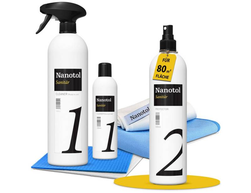 Nanotol Profi Badreiniger-Versiegelung-Set mit Lotuseffekt Badreiniger (Komplett Set, [- Reiniger, Nanoversiegelung, Schwamm-/Poliertücher Anti-Haft Beschichtung gegen Kalk - lösungsmittelfrei, geruchsneutral) von Nanotol