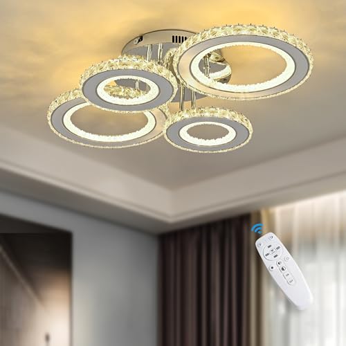 Naoeoon LED Deckenlampe Kristall, Modern Deckenleuchte Dimmbar mit Fernbedienung 4-Ring Deckenleuchten 70W Wohnzimmerlampe für Schlafzimmer, Küche,Flur,Lounge,Esszimmer,3000K-6500K von Naoeoon