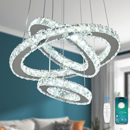 Naoeoon LED Kronleuchter Kristall Modern Pendelleuchte Esstisch,3-Rund Hängeleuchte Esstischlampe, Hängend Lampe Dimmbar mit Fernbedienung,3000K-6500K Hängelampe für Schlafzimmer Esszimmer von Naoeoon