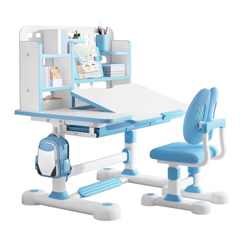 Napacoh 2025 Upgraden Sie Kinder-Studientisch & Stuhl-Sets, höhenverstellbares Kinderschreibtisch-Set mit Bücherregal und Aufbewahrungsschublade, 50-Grad kippbarer Desktop-Studientisch (Blau, A) von Napacoh