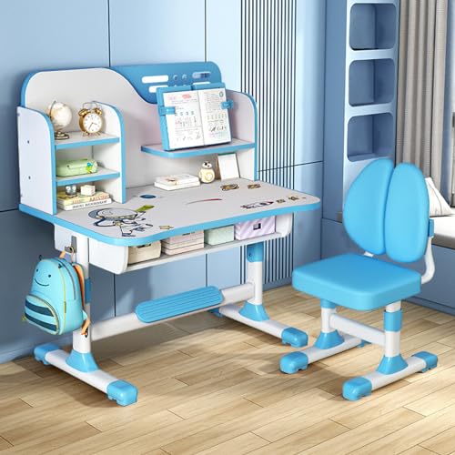 Napacoh Schreibtisch Mit Stuhl für Kinder, Tisch und Stuhl Set, Einstellbare Höhe Studie Tisch Set mit Schublade, Cartoon-Muster für Alter 3-12 Jahre Schreibtisch und Stuhl Set (Blau, D) von Napacoh