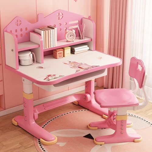 Napacoh Schreibtisch Mit Stuhl für Kinder, Tisch und Stuhl Set, Einstellbare Höhe Studie Tisch Set mit Schublade, Cartoon-Muster für Alter 3-12 Jahre Schreibtisch und Stuhl Set Pink von Napacoh