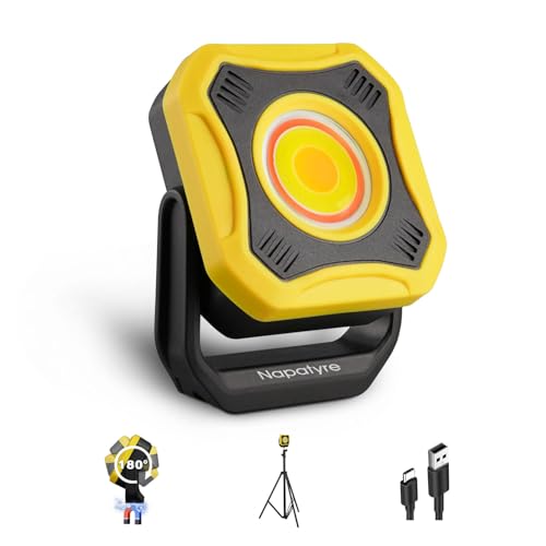 Napatyre LED Strahler Akku,1000 Lumen Super Hell Baustrahler Akku mit Magnet und 180° Drehbar, Campinglampe Tragbar, 5 Lichtmodi LED Arbeitsleuchte für Garage Werkstatt Camping Notfälle von Napatyre