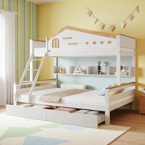 Kinderbett 140x200 mit Treppe und Schubladen, Etagenbett im Hausebett-Design, Hochbett mit Regalen, Jugendbett und Kinderhochbett, platzsparendes Doppelstockbett Milchweiß + Naturton Kinderbett 140x200 mit Treppe und Schubladen, Etagenbett im Hausebett-Design, Hochbett mit Regalen, Jugendbett und Kinderhochbett, platzsparendes Doppelstockbett Milchweiß + Naturton von Naptly