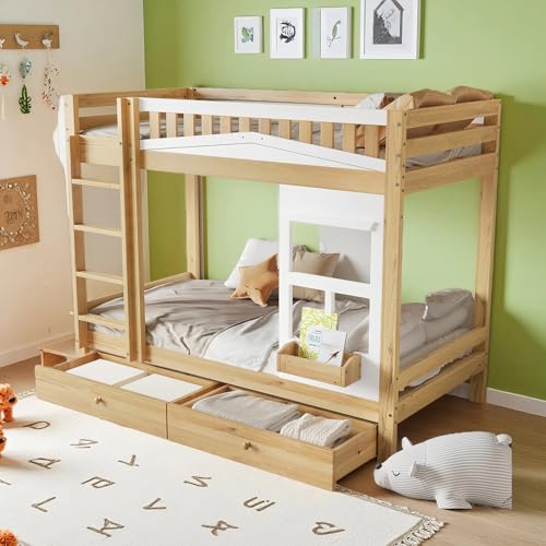Kinderbett 90x200 mit Leiter und 2 Schubladen, Etagenbett aus Massivholz, Hochbett mit Stauraum und Fenster, sicheres Jugendbett für Kinderzimmer und Gäste Perlweiß + Natur Kinderbett 90x200 mit Leiter und 2 Schubladen, Etagenbett aus Massivholz, Hochbett mit Stauraum und Fenster, sicheres Jugendbett für Kinderzimmer und Gäste Perlweiß + Natur von Naptly
