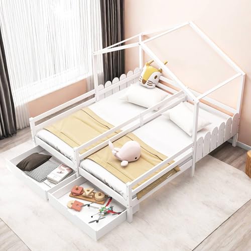 Naptly Hausbett Kinderbett Holz – Montessori Bodenbett mit Rahmen & Rausfallschutz, stabil & sicher (90x200 + 70x140 / 90x200) – Himmelbett für Eltern-Kind & Zwillinge Geschwister Cremeweiß von Naptly