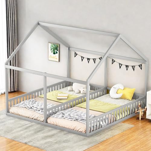 Naptly Hausbett Kinderbett Holz – Montessori Bodenbett mit Rahmen & Rausfallschutz, stabil & sicher (90x200 + 70x140 / 90x200) – Himmelbett für Eltern-Kind & Zwillinge Geschwister Hellgrau von Naptly