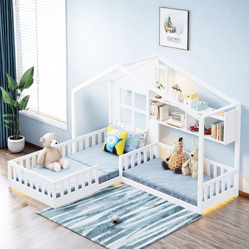 Naptly Hausbett Kinderbett Holz – Montessori Bodenbett mit Rahmen & Rausfallschutz, stabil & sicher (90x200 + 70x140 / 90x200) – Himmelbett für Eltern-Kind & Zwillinge Geschwister Schneeweiß von Naptly