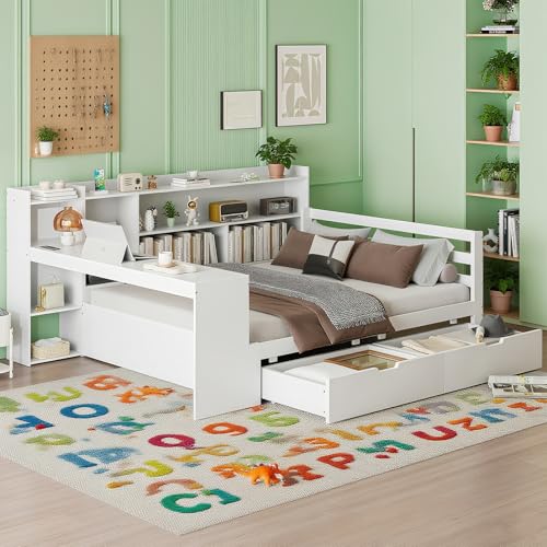 Naptly Kinderbett 140x200 cm, Kinderhochbett zum Schlafen mit Schreibtisch, Regal und Schubladen, Funktionsbett aus Massivholz mit Steckdose und USB Ladefunktion, Jugendbett für Matratzen Schneeweiß von Naptly