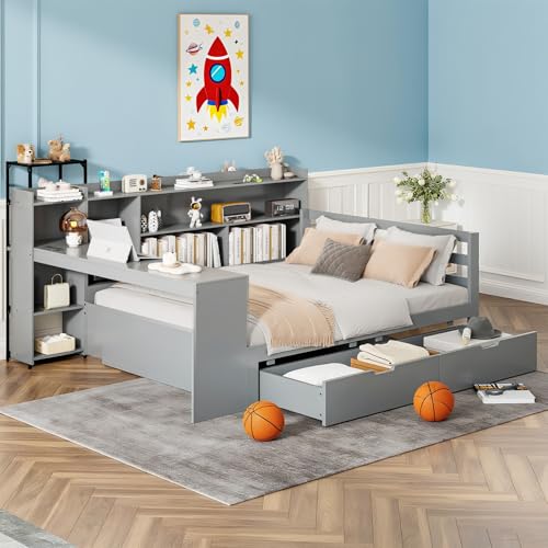 Naptly Kinderbett 140×200 cm mit Schreibtisch, Stauraum und Schubladen, Jugendbett mit Steckdose und USB, multifunktionales Schlafbett für Schlafzimmer, Gästezimmer, Jugendzimmer Grau von Naptly