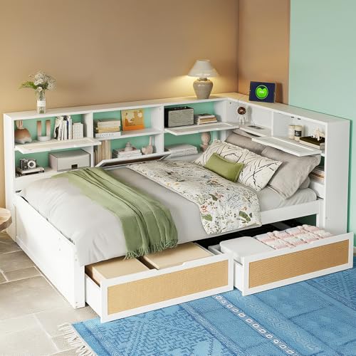 Naptly Kinderbett 140×200 cm zum Schlafen mit Schreibtisch, Stauraum und Schubladen, Jugendbett mit Steckdose und USB, platzsparendes Schlafbett für Schlafzimmer, Gästezimmer, Jugendzimmer Reinweiß von Naptly