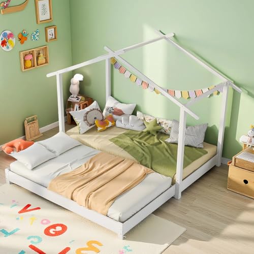 Naptly Kinderbett 90×190 aus Massivholz mit Lattenrost & Ausziehbett – niedriges Montessori Hausbett mit Doppel-Liegefläche für Kinderzimmer, Mädchen & Jungen Weiß von Naptly