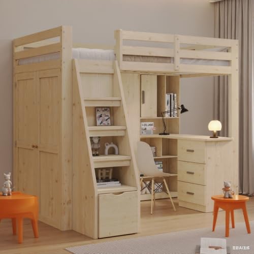 Naptly Kinderbett 90x200 / 140x200 Hochbett mit Rausfallschutz, Stauraum, Kleiderschrank & Bücherregal, Etagenbett für Jungen & Mädchen, sicheres Bett für Kinderzimmer Erdtöne von Naptly