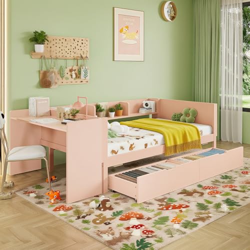 Naptly Kinderbett 90x200 cm mit Schreibtisch, Regalen und Schubladen, Jugendbett mit Stauraum, platzsparendes Schlafbett für Schlafzimmer, Jugendzimmer oder kleine Wohnungen Rosa von Naptly