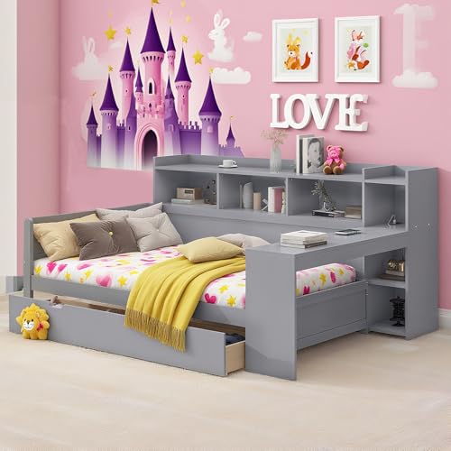 Naptly Kinderbett 90x200 cm mit Schreibtisch Stauraum und Schubladen Jugendbett mit Steckdose und USB Ladeanschluss platzsparend für Schlafzimmer Kinderzimmer Gästezimmer Taubengrau von Naptly