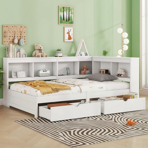 Naptly Kinderbett 90x200 cm zum Schlafen mit Stauraum und Schubladen, Jugendbett mit Ablagefächern, Steckdose und USB, platzsparendes Funktionsbett für Kinderzimmer oder Gästezimmer Cremeweiß von Naptly