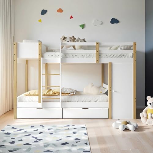 Naptly Kinderbett 90x200 mit 2 Schubladen und Schrank, platzsparendes Etagenbett aus Massivholz, Hochbett mit Leiter und Stauraum, Jugendbett für Kinderzimmer Weiß + Naturfarbe von Naptly