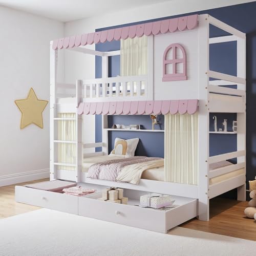 Naptly Kinderbett 90x200 mit Leiter und 2 Schubladen, Etagenbett im Haus-Design, Hochbett aus Massivholz, platzsparendes Doppelstockbett für Mädchen und Jungen, Kinderzimmer Eierschalenweiß Naptly Kinderbett 90x200 mit Leiter und 2 Schubladen, Etagenbett im Haus-Design, Hochbett aus Massivholz, platzsparendes Doppelstockbett für Mädchen und Jungen, Kinderzimmer Eierschalenweiß von Naptly