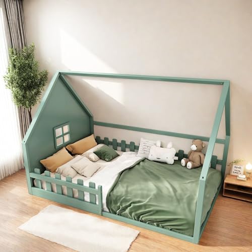 Naptly Kinderbett Hausbett aus Holz – Montessori Bodenbett mit Rausfallschutz – 90x200 cm / 140x200 cm – Sicher & gemütlich Gitterbett in Hausform für Jungen & Mädchen Grün Naptly Kinderbett Hausbett aus Holz – Montessori Bodenbett mit Rausfallschutz – 90x200 cm / 140x200 cm – Sicher & gemütlich Gitterbett in Hausform für Jungen & Mädchen Grün von Naptly