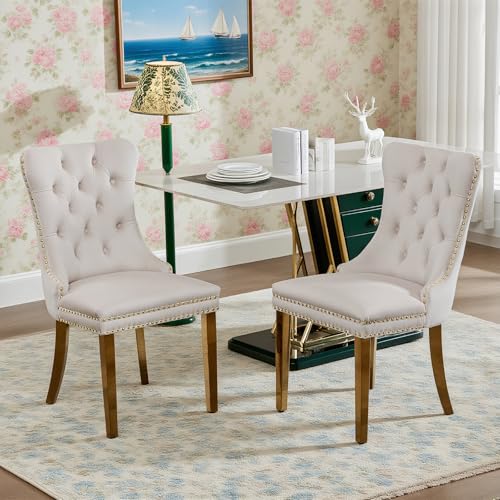 Naptly Stühle Esszimmer 2er Set | Ergonomische Esszimmerstühle Mit Velvet Polster & Hoher Rückenlehne | Klassisches Nieten-Design | Für Esszimmer & Wohnzimmer Perlmuttfarben von Naptly
