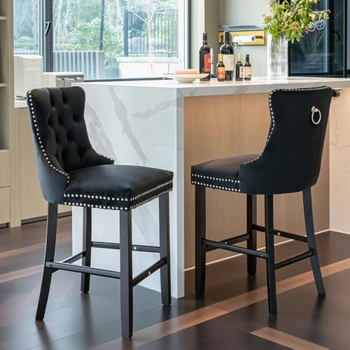 Naptly Stühle Esszimmer 2er Set | Esszimmerstühle Mit Velvet Polster & Klassischem Nieten-Design | Verstellbare Füße Für Esszimmer & Wohnzimmer Rabenschwarz von Naptly