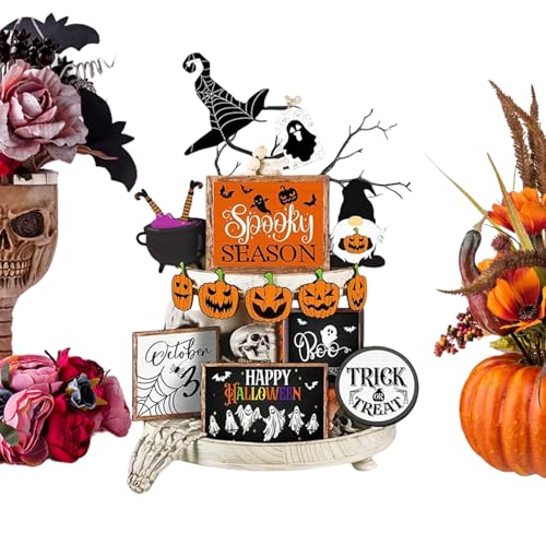 Tablett mit mehreren Ebenen für Halloween – gruselige Figuren aus Holz, rustikale Halloween-Anzeige | Pumpkin Ghost Signs, Spooky Pumpkins Ghosts Signss, Scarys Halloween, Desktop-Ornament von Naqqios
