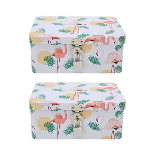 Aufbewahrungsbox aus Blech, 2 Stück, Rechteckige Blechdose mit Flamingo-Blatt-Muster, Lebendige Farben, Sichere Mehrzweck-Büroschlüssel mit Zuverlässigem Schloss von Naroote