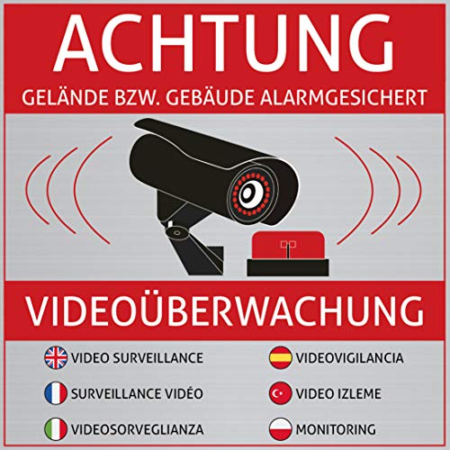 6 Achtung Videoüberwachung Aufkleber – Schild – Sticker (Kameraüberwachung – Überwachungskamera – Alarmanlage – Alarmgesichert – Hinweisschild – Warnschild) Edelstahl-Optik – 10 cm x 10 cm von TK THERMALKING