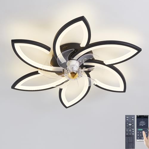 Narwhal Leise Deckenventilator mit Beleuchtung Dimmbar LED Deckenleuchte Ventilatorlicht Modern Wohnzimmerlampe Schlafzimmer Küche Esszimmer Lampen mit Ventilator (Schwarz, 6 Flammen & 7 Blätter) von Narwhal