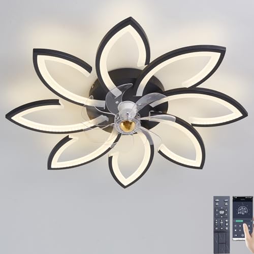 Narwhal Leise Deckenventilator mit Beleuchtung Dimmbar LED Deckenleuchte Ventilatorlicht Modern Wohnzimmerlampe Schlafzimmer Küche Esszimmer Lampen mit Ventilator (Schwarz, 8 Flammen & 7 Blätter) von Narwhal