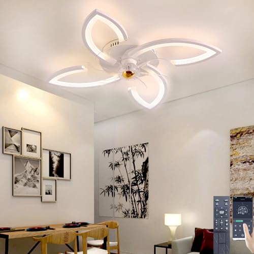 Narwhal Leise Deckenventilator mit Beleuchtung Dimmbar LED Deckenleuchte Ventilatorlicht Modern Wohnzimmerlampe Schlafzimmer Küche Esszimmer Lampen mit Ventilator (Weiß, 4 Flammen & 7 Blätter) von Narwhal