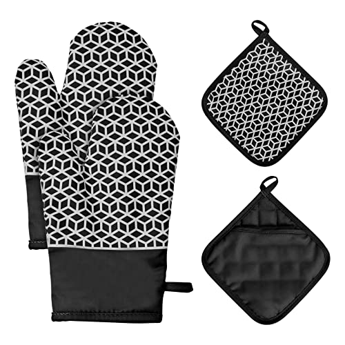 Ofenhandschuhe und Topflappen 4er Set, Ofenhandschuhe Hitzebestaendig mit Rutschfestem Geometrischem Silikonmuster, Backofen Handschuhe Backhandschuhe für Küche und Grill (Schwarz) von Naseom