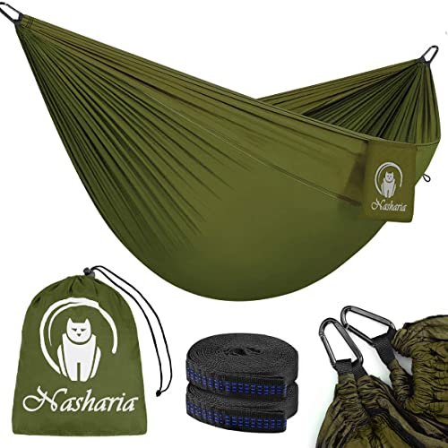 Nasharia Reise Camping Hängematte - 275 x 140 cm Atmungsaktiv, Schnelltrocknendes 210T Nylon Spinning - Fallschirmmaterial - 2 x Premium Karabiner, 2 x Nylon-Schlingen | Für Outdoor Drinnen Garten von Nasharia