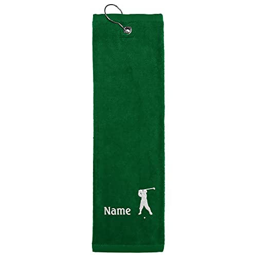 Nashville print factory Golf-Handtuch Bestickt mit Motiv Golfer und Namen 40x50 cm Golftuch mit Karabiner (Green) von Nashville print factory