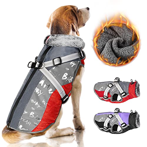 Nasjac Winter Hundemantel mit abnehmbarem Geschirr, wasserdichte Fleece warm hundejacke für kleine mittlere große Hunde, reflektierende einstellbare pelzige Hundekleidung Outdoor Hunter Weste von Nasjac