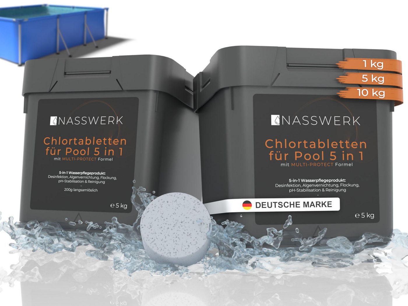 Nasswerk® Chlortabletten Multitabs 5-in-1 Chlortabletten 200g für Poolpflege, Nasswerk®, Langsam lösliche 5-in-1 Tabs für kristallklares Poolwasser 10 kg von Nasswerk®