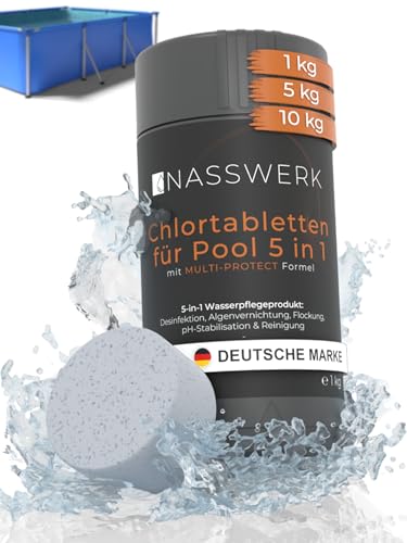 NASSWERK® Multitabs Pool 5 in 1 (1kg) | 200g Pooltabs Multitabs 5 in 1 mit Chlor, Algizid, pH Stabilisator, Flockungsmittel & Reiniger | Langzeit Chlortabletten für Pool 5 in 1 für sauberes Poolwasser von Nasswerk